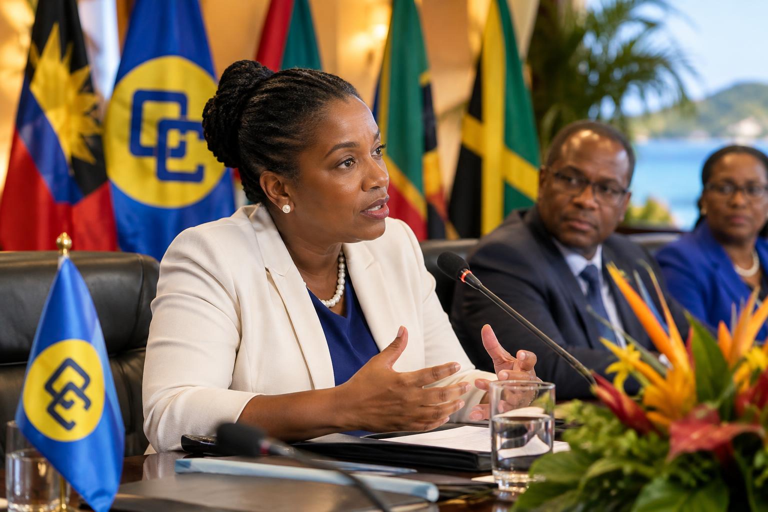 A formal government or conference setting with the CARICOM flag or Caribbean flags displayed, suggesting regional leadership and diplomatic discussion, with warm Caribbean lighting