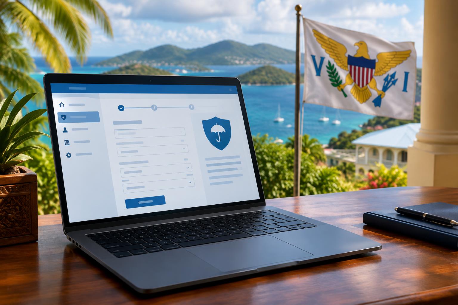 A laptop displaying an online insurance form or portal, with a U.S. Virgin Islands flag visible in the background, set against a tropical island landscape or government office setting, cinematic lighting