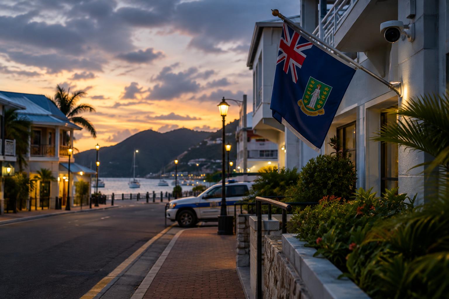 A quiet street in a Caribbean business district at dusk, with the BVI flag visible on a nearby building, suggesting a community concerned with safety and security.