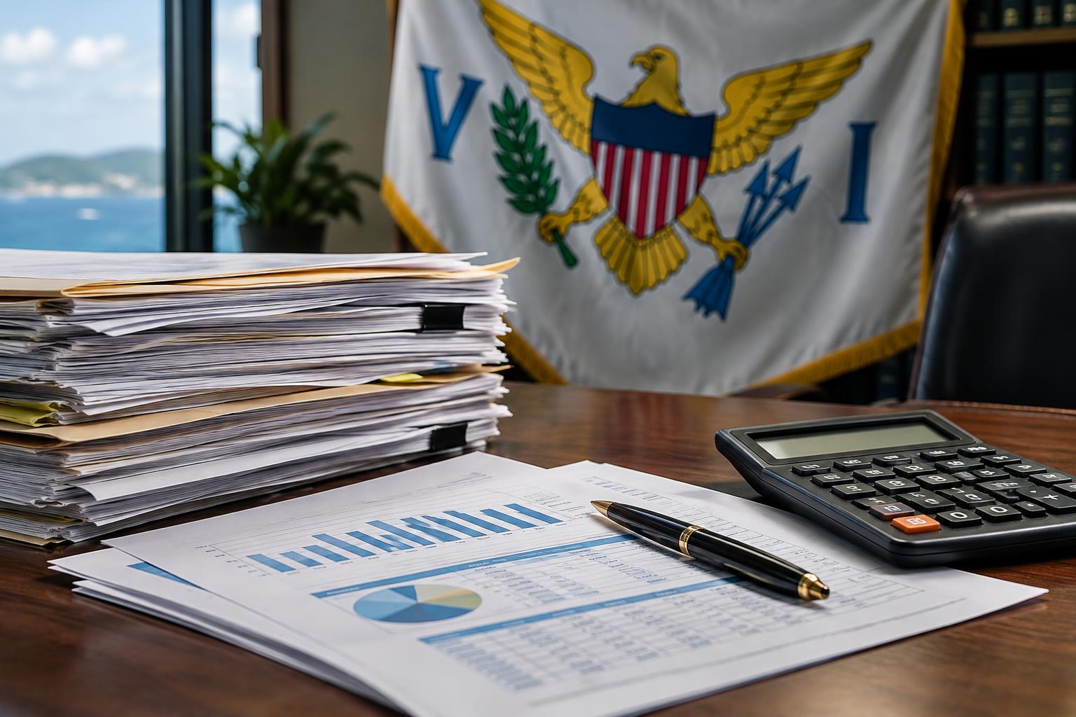 A stack of financial documents and a calculator on a desk, with the US Virgin Islands flag in the background, under office lighting