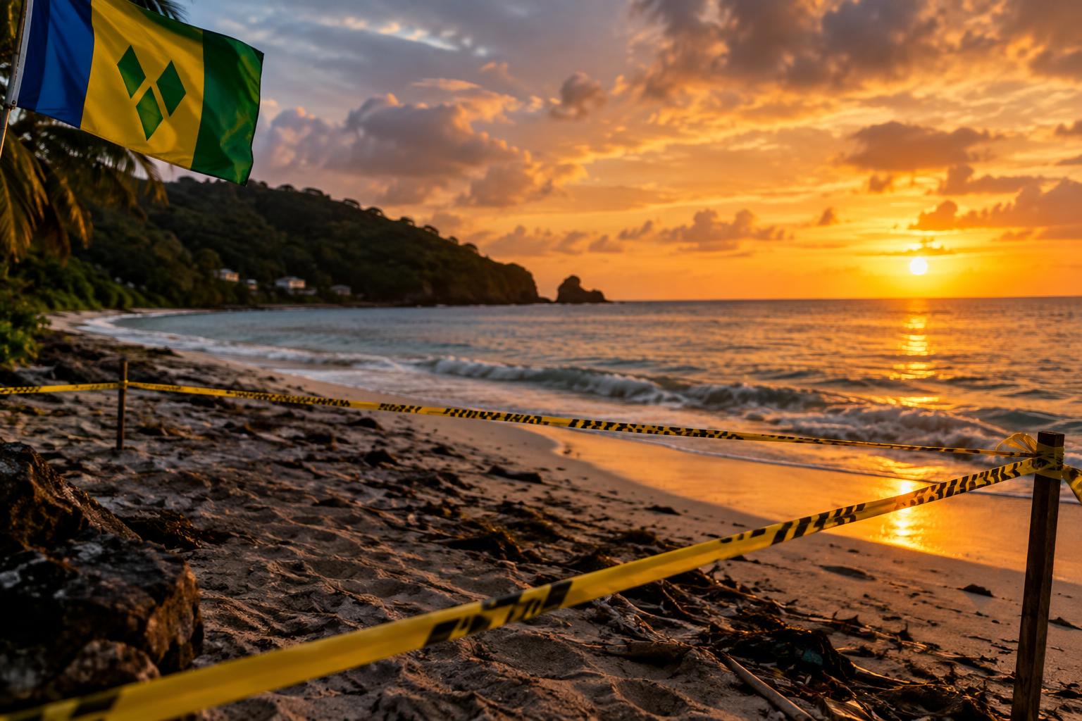 A quiet beach at sunset with gentle waves, the flag of St. Vincent and the Grenadines visible in the corner, police tape cordoning off a section of sand, dramatic golden-hour lighting, no bodies or identifiable people