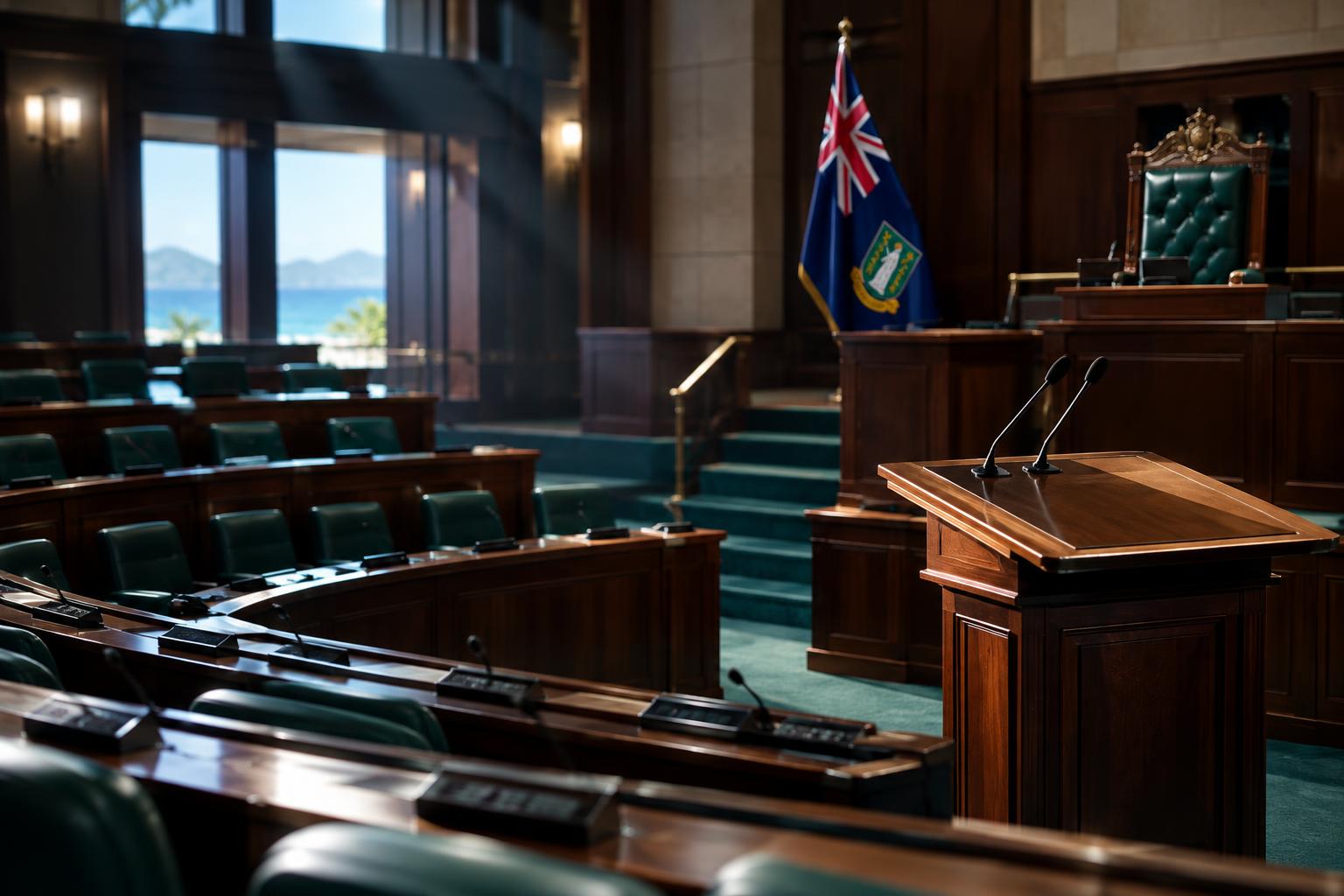 Interior of a parliamentary chamber with tiered seating and a speaker's podium, the BVI flag visible in the background, dramatic lighting suggesting heated debate, no identifiable people