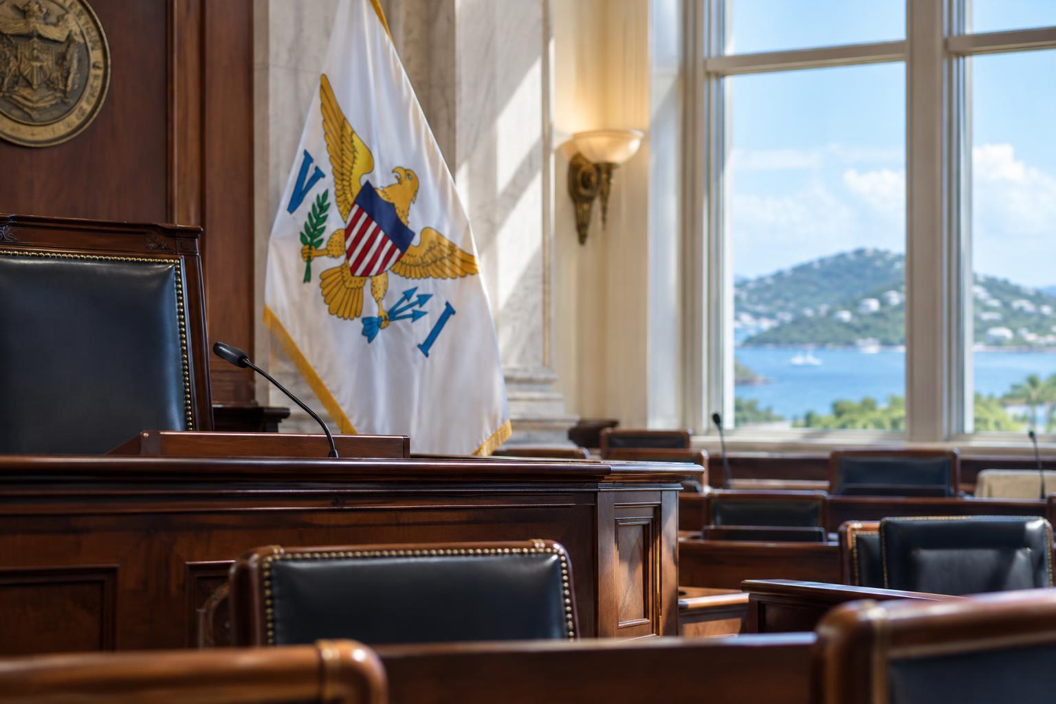 A legislative chamber or government building interior with the US Virgin Islands flag visible, formal and official setting, natural daylight through windows, no people visible