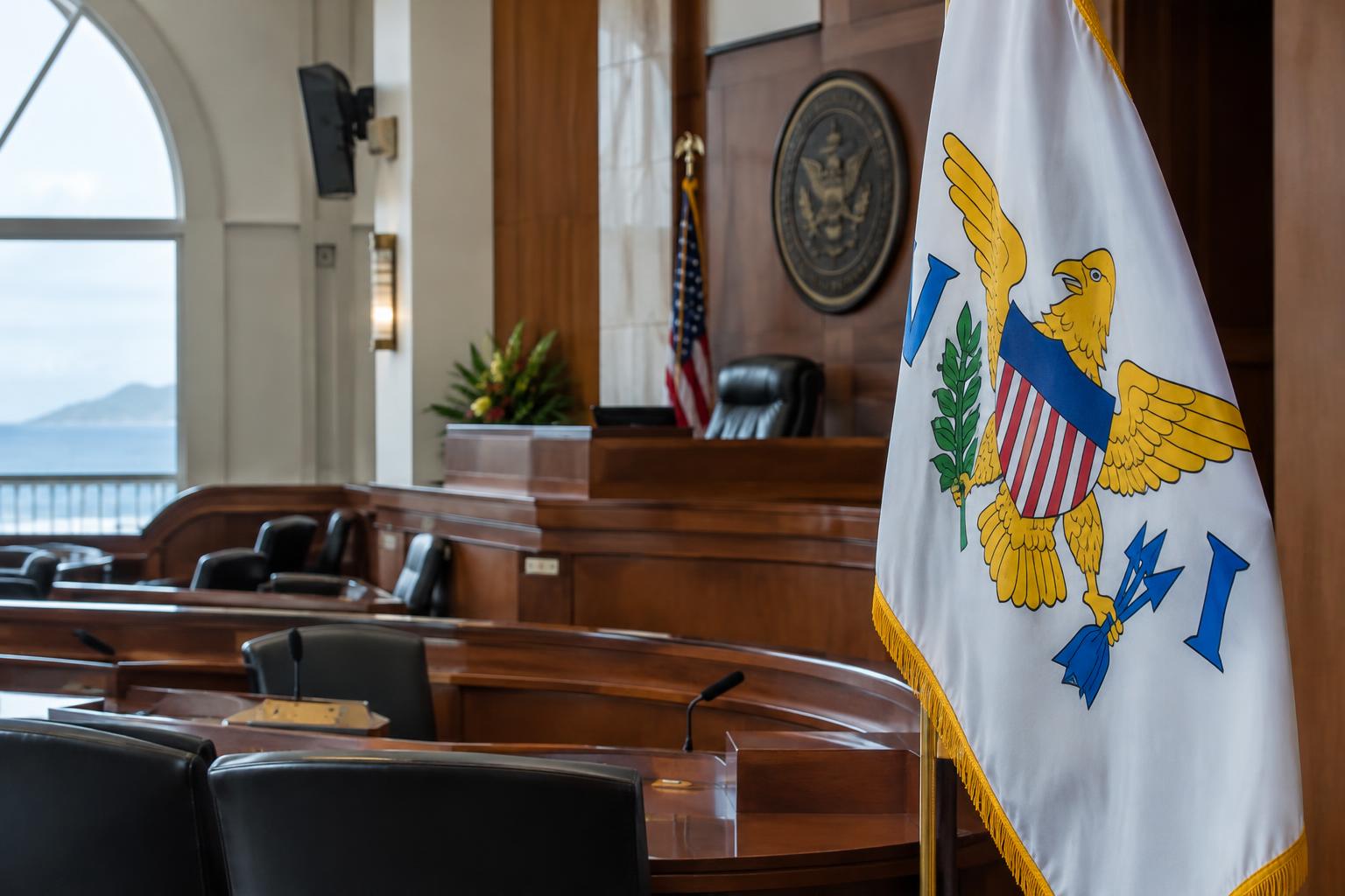 A government building or legislative chamber interior with the US Virgin Islands flag visible, neutral professional setting, natural lighting, no people visible