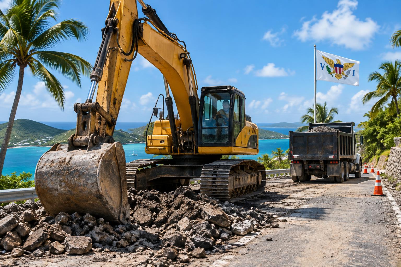 Heavy construction equipment on a Caribbean island road under repair, with the US Virgin Islands flag visible in the background, blue sky and palm trees framing the scene