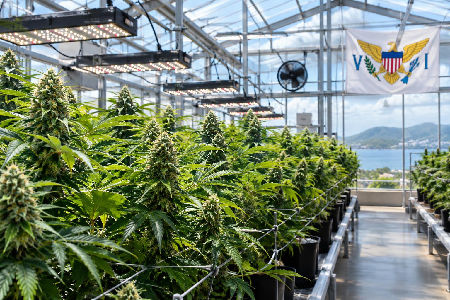 A modern cannabis cultivation greenhouse with rows of plants under grow lights, the US Virgin Islands flag visible in the corner, natural daylight filtering through glass panels, professional and clean facility environment.