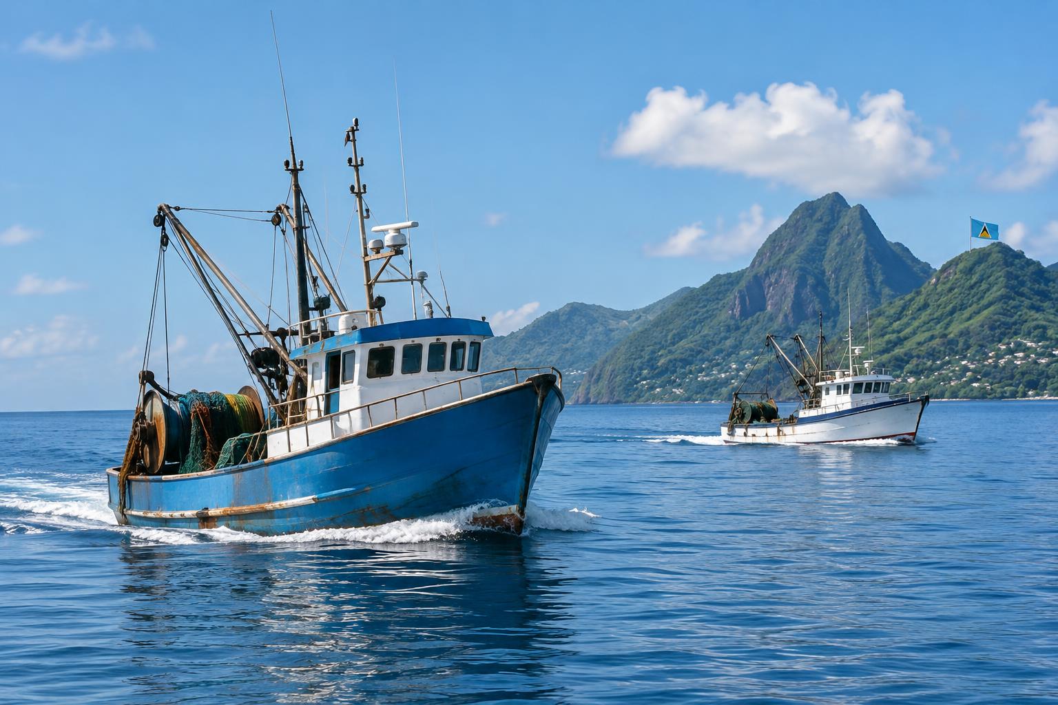 Two fishing boats passing on open water under blue sky, the flag of Saint Lucia visible in the distance, calm seas, no people visible, daytime