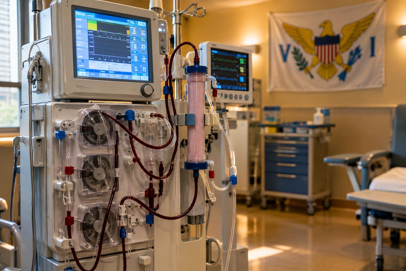 A dialysis machine with medical tubing and monitors in a clinical setting, with the US Virgin Islands flag visible in the background, warm hospital lighting, no patients visible
