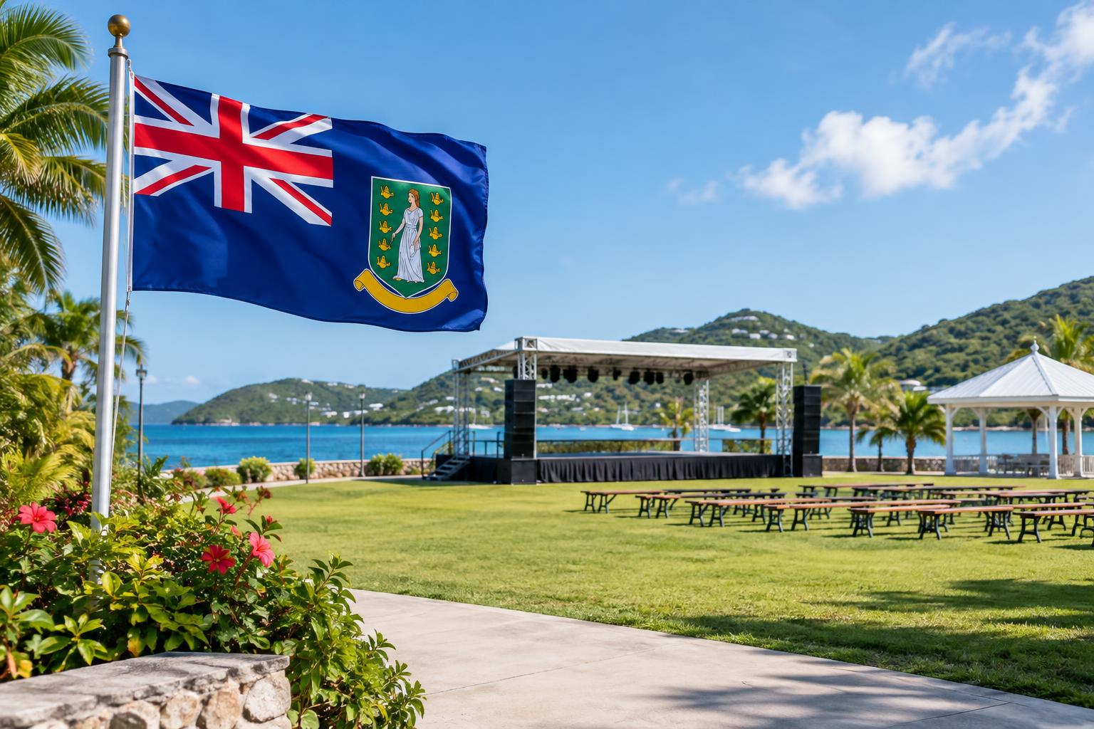 A community park with the British Virgin Islands flag, empty event space with stage or gathering area, daytime, clear sky, welcoming atmosphere