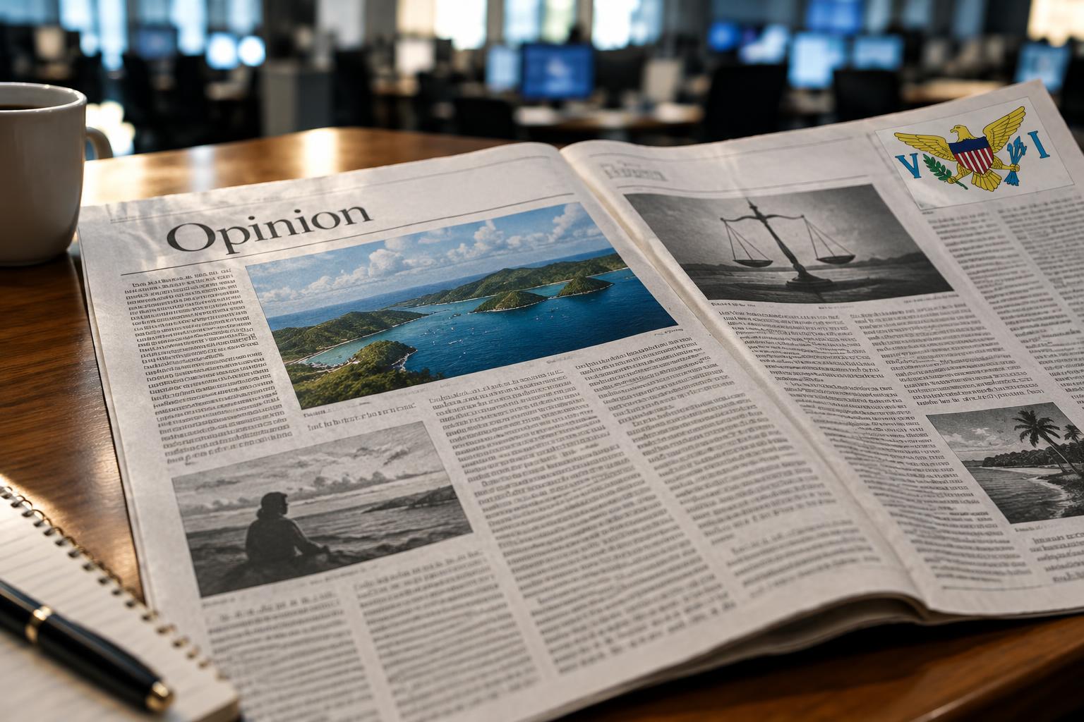Newspaper pages spread open showing opinion columns, with the US Virgin Islands flag in the corner, soft newsroom lighting