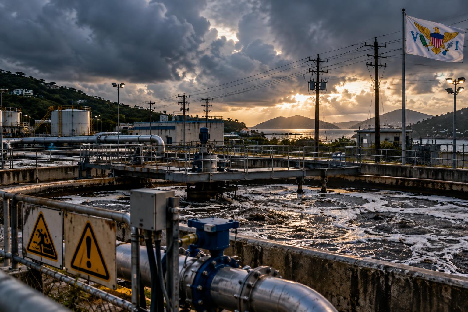 A sewage treatment plant with warning signs and power lines against a cloudy Caribbean sky, the US Virgin Islands flag visible in the corner, industrial pipes and infrastructure in focus, dramatic lighting suggesting system strain.