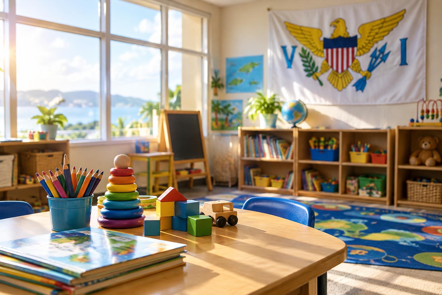 A bright, welcoming classroom with educational materials and toys, the US Virgin Islands flag visible in the background, morning sunlight streaming through windows