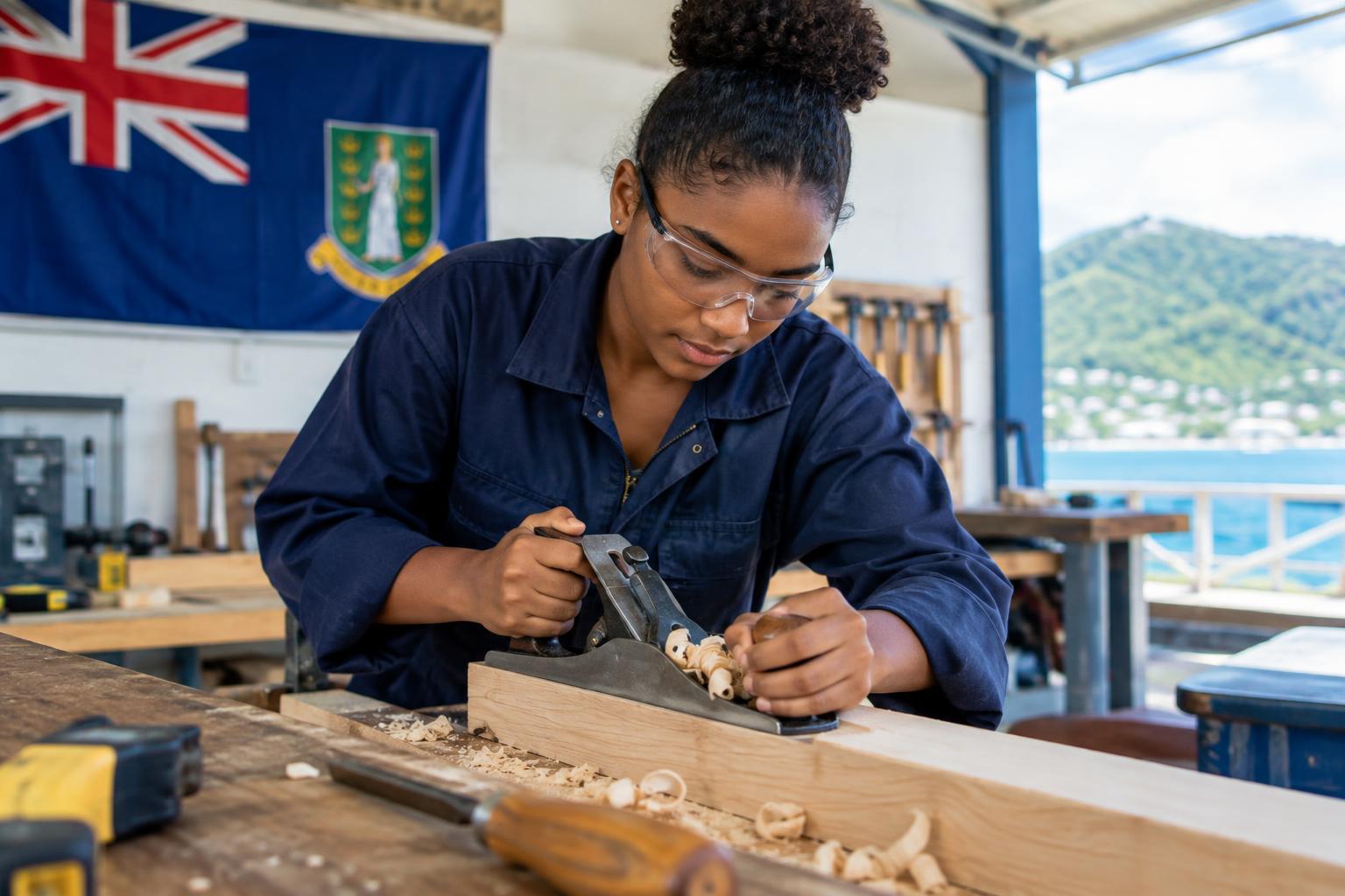 A young person learning a trade or skill in a workshop setting, with the BVI flag visible in the background, natural daylight, professional but welcoming atmosphere