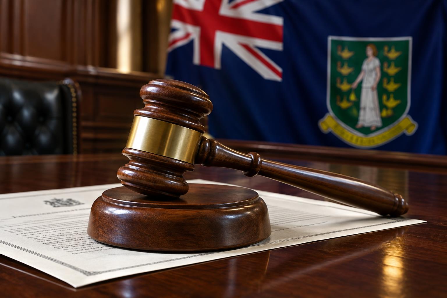 A wooden gavel resting on an official government document with the British Virgin Islands flag in the background, set on a courthouse desk under formal lighting, no people visible