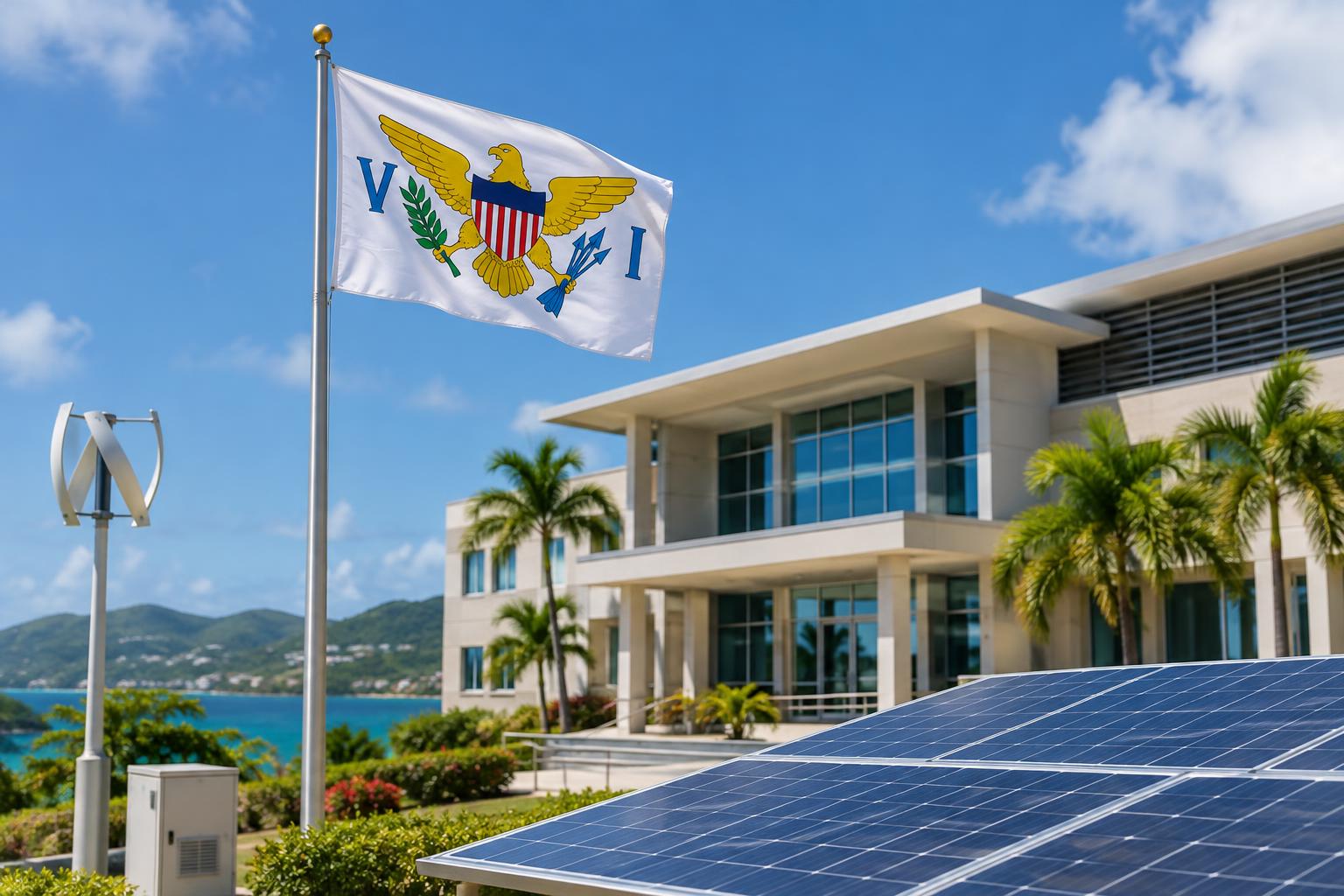 A modern government office building with the US Virgin Islands flag flying prominently, with solar panels or renewable energy equipment visible in the foreground, shot in natural daylight with clear Caribbean sky