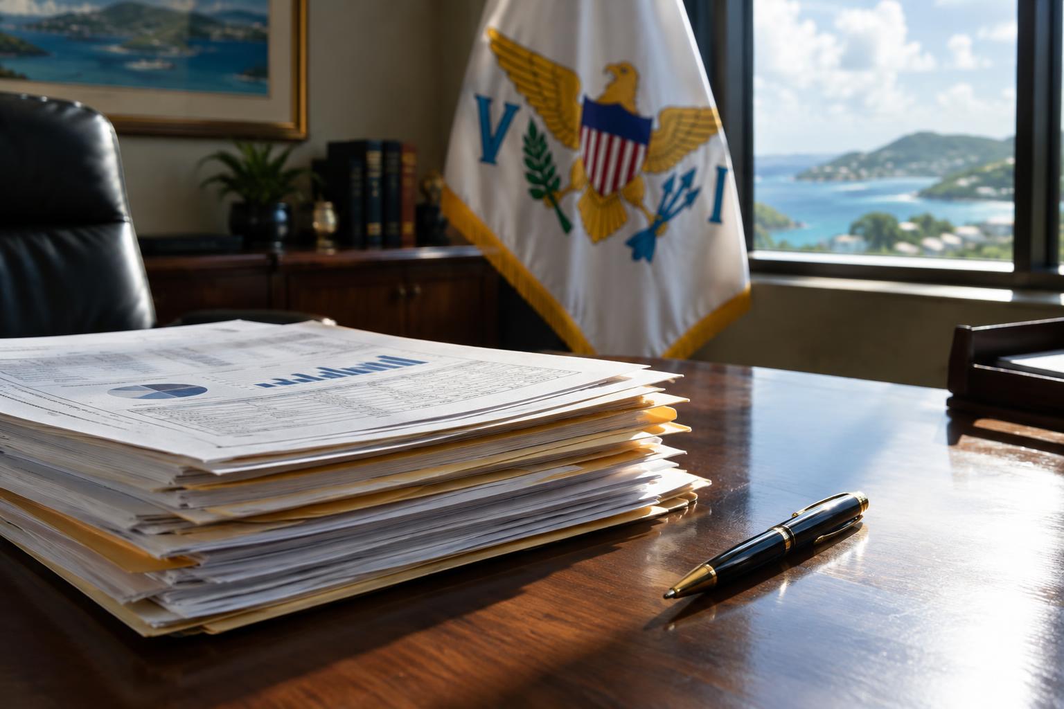 A stack of financial documents and a pen on a desk inside a government office, with the US Virgin Islands flag visible in the background, cinematic lighting from a window