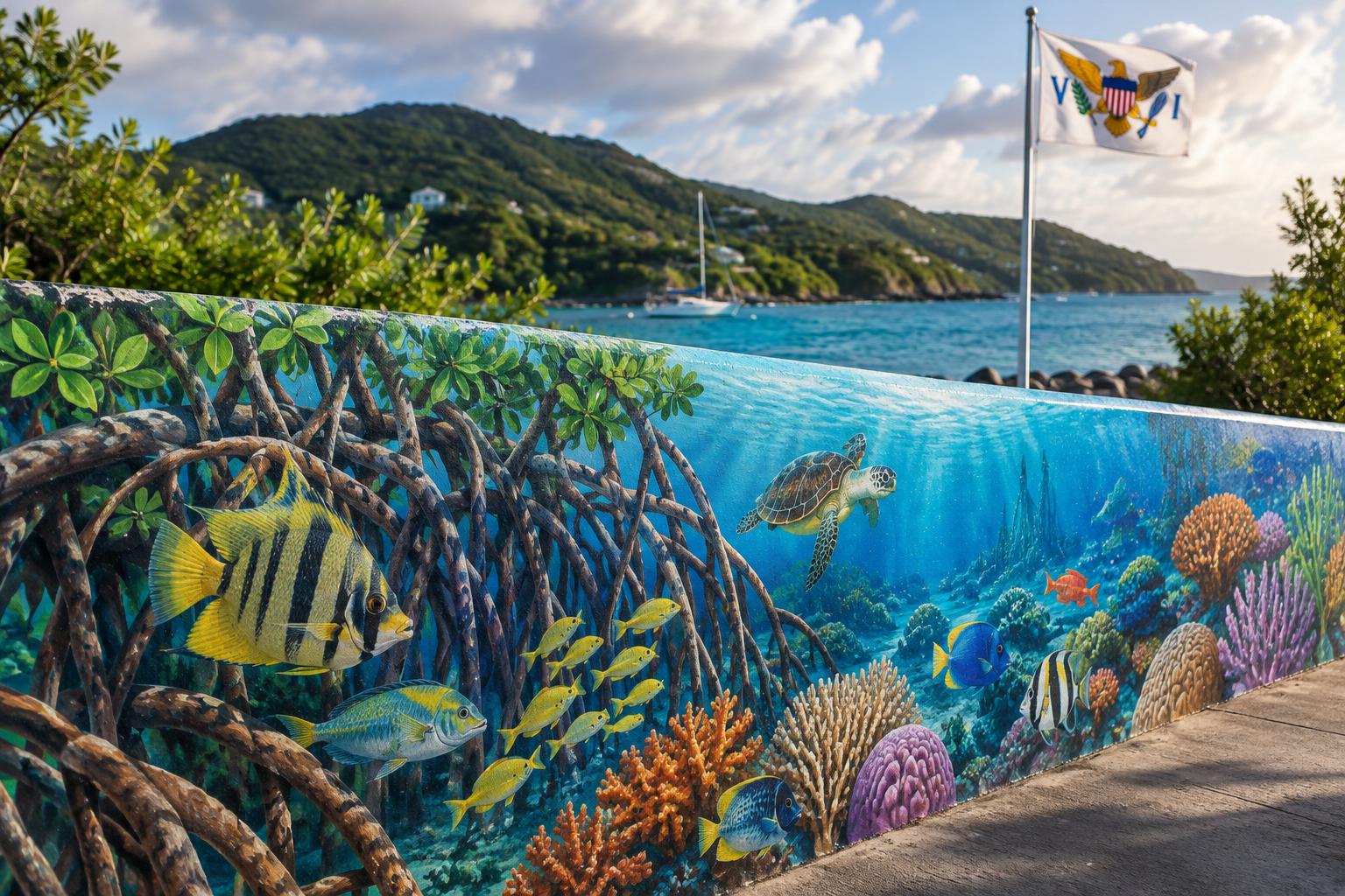 A vibrant mural depicting tropical fish, mangroves, and coral reef life painted on a waterfront wall at Salt River Bay, with the US Virgin Islands flag visible in the background and natural coastal landscape beyond.