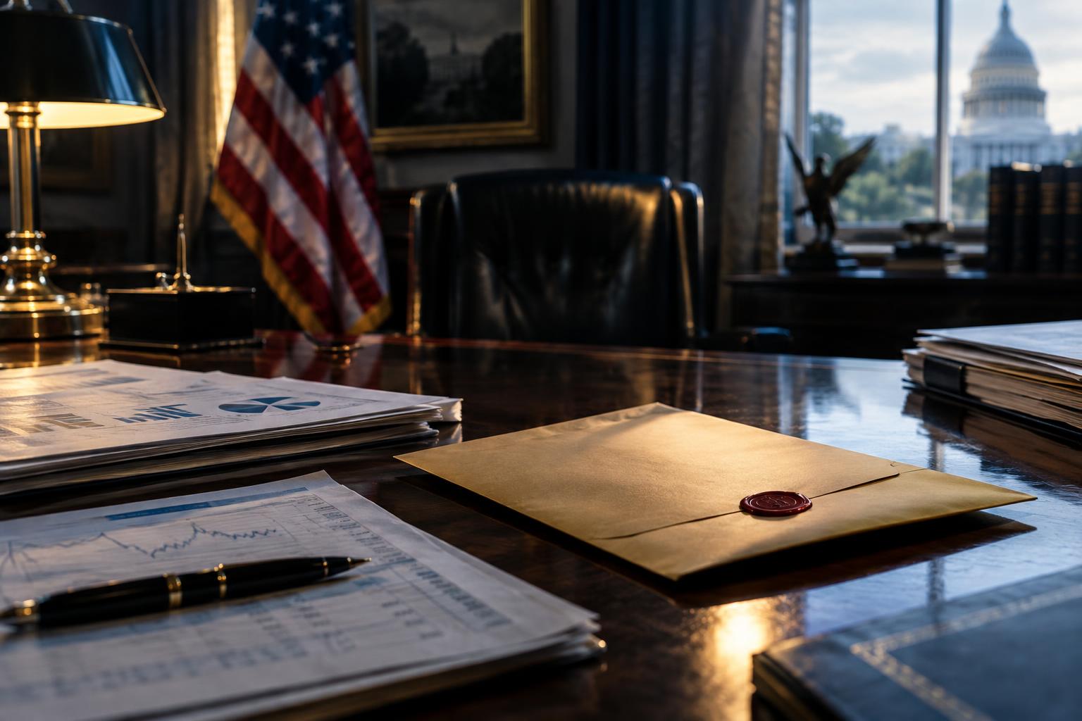 A formal government office interior with the American flag visible, a desk with financial documents and a sealed envelope, cinematic lighting suggesting secrecy and investigation, no identifiable people