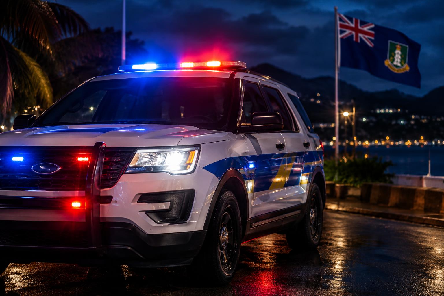 A police car with lights flashing on a dark street at night, the BVI flag visible in the background, no identifiable people or victims visible