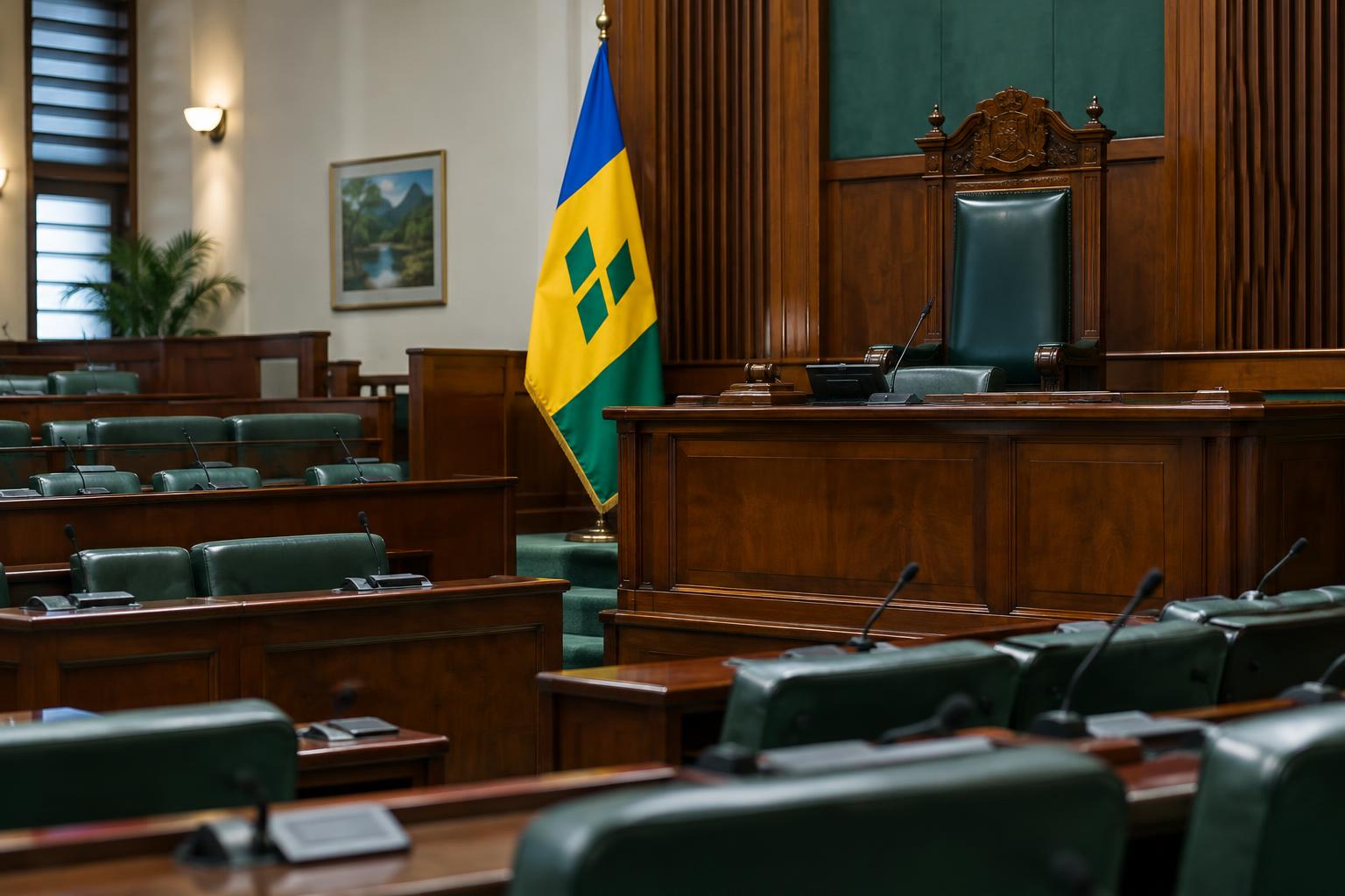 A parliamentary chamber interior with the flag of St. Vincent and the Grenadines visible, empty benches and formal seating, soft institutional lighting, no people visible