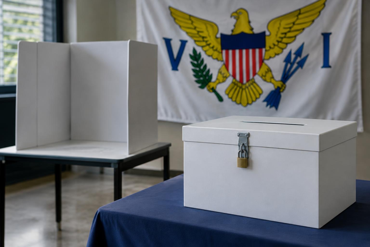 A voting booth with a ballot box and US Virgin Islands flag in the background, neutral lighting, no people visible