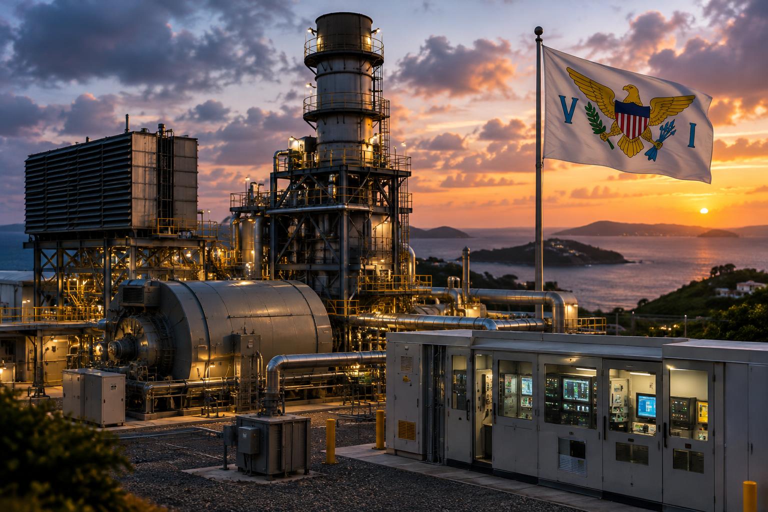 A large industrial power generation unit with the US Virgin Islands flag in the background, showing technical infrastructure and control systems, cinematic lighting at dusk
