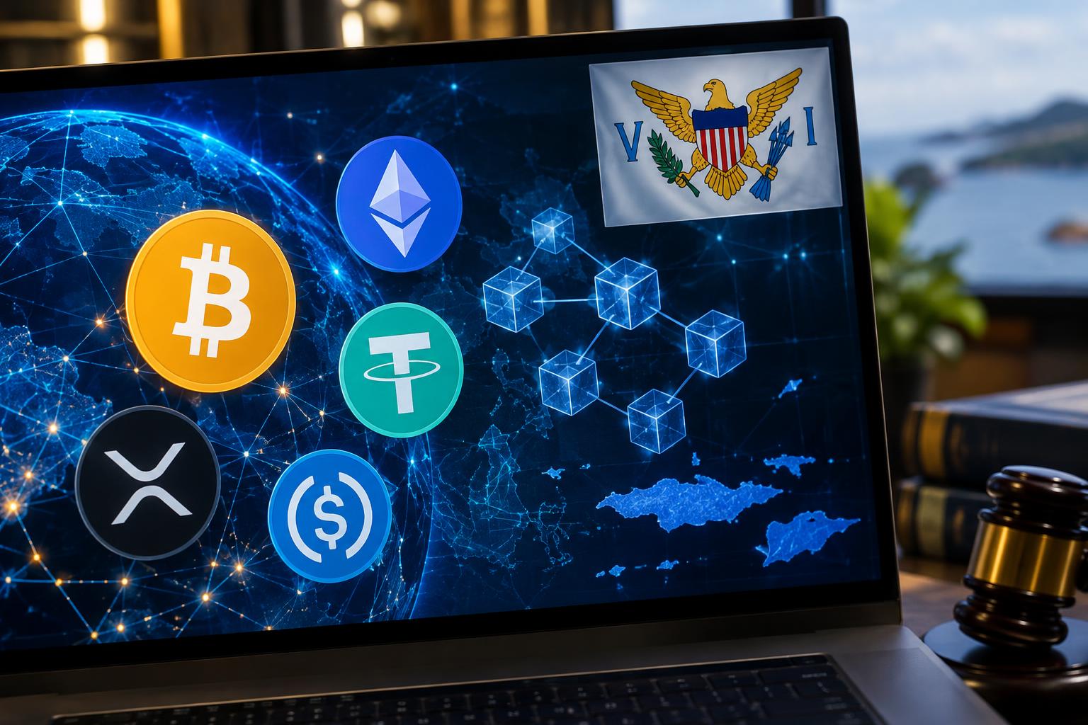 A computer screen displaying cryptocurrency symbols and blockchain networks, with the U.S. Virgin Islands flag visible in the corner, representing digital finance regulation and federal oversight of stablecoins.
