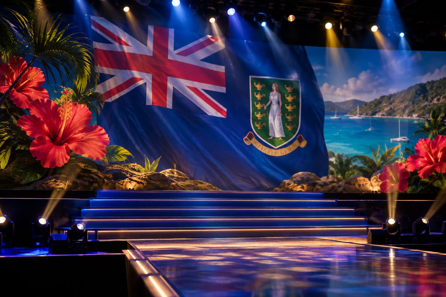 A pageant stage with elegant lighting and a backdrop featuring the British Virgin Islands flag and tropical Caribbean elements like hibiscus flowers or island scenery, no people visible, cinematic evening lighting