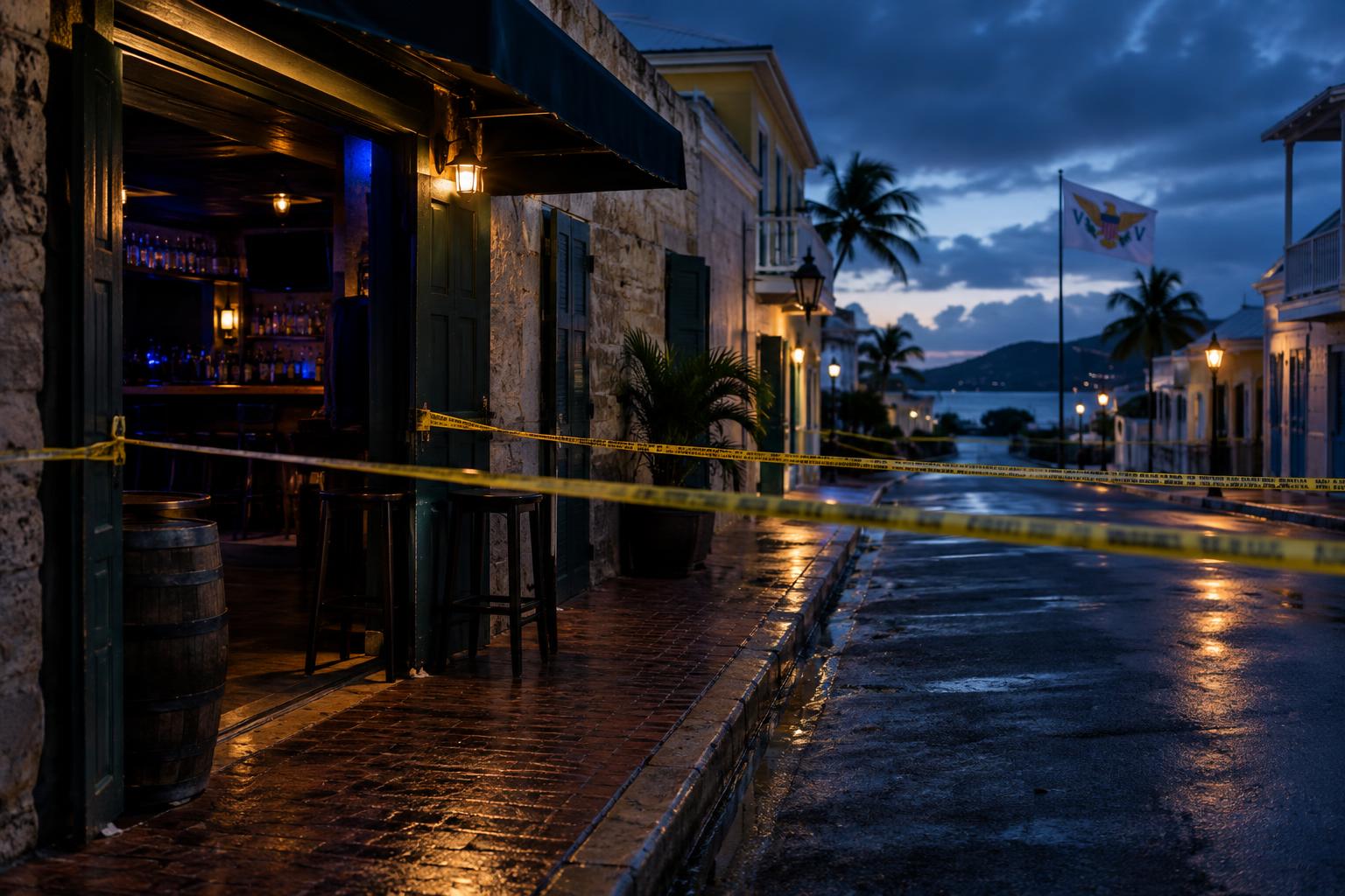 A quiet Queen Street in Christiansted at pre-dawn light, with the entrance to a bar visible, the US Virgin Islands flag in the background, police tape cordoning off the scene, cinematic lighting suggesting early morning darkness, no people or bodies visible