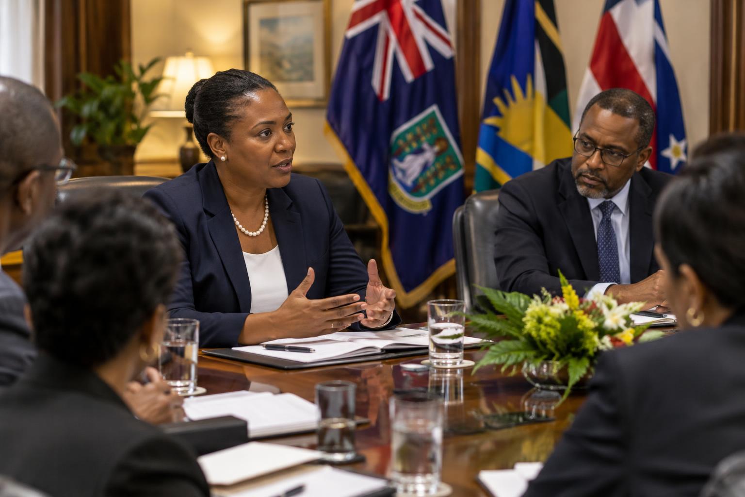 A conference room with officials seated around a table, regional flags including the BVI flag visible in the background, documents and notepads on the table, warm indoor lighting suggesting a formal government meeting