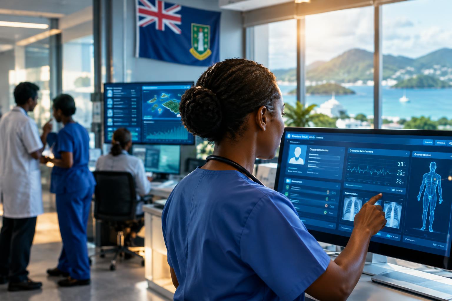 A modern healthcare facility interior with digital health records displayed on screens, the BVI flag visible in the background, showing coordination between medical professionals and data systems, cinematic lighting suggesting progress and innovation
