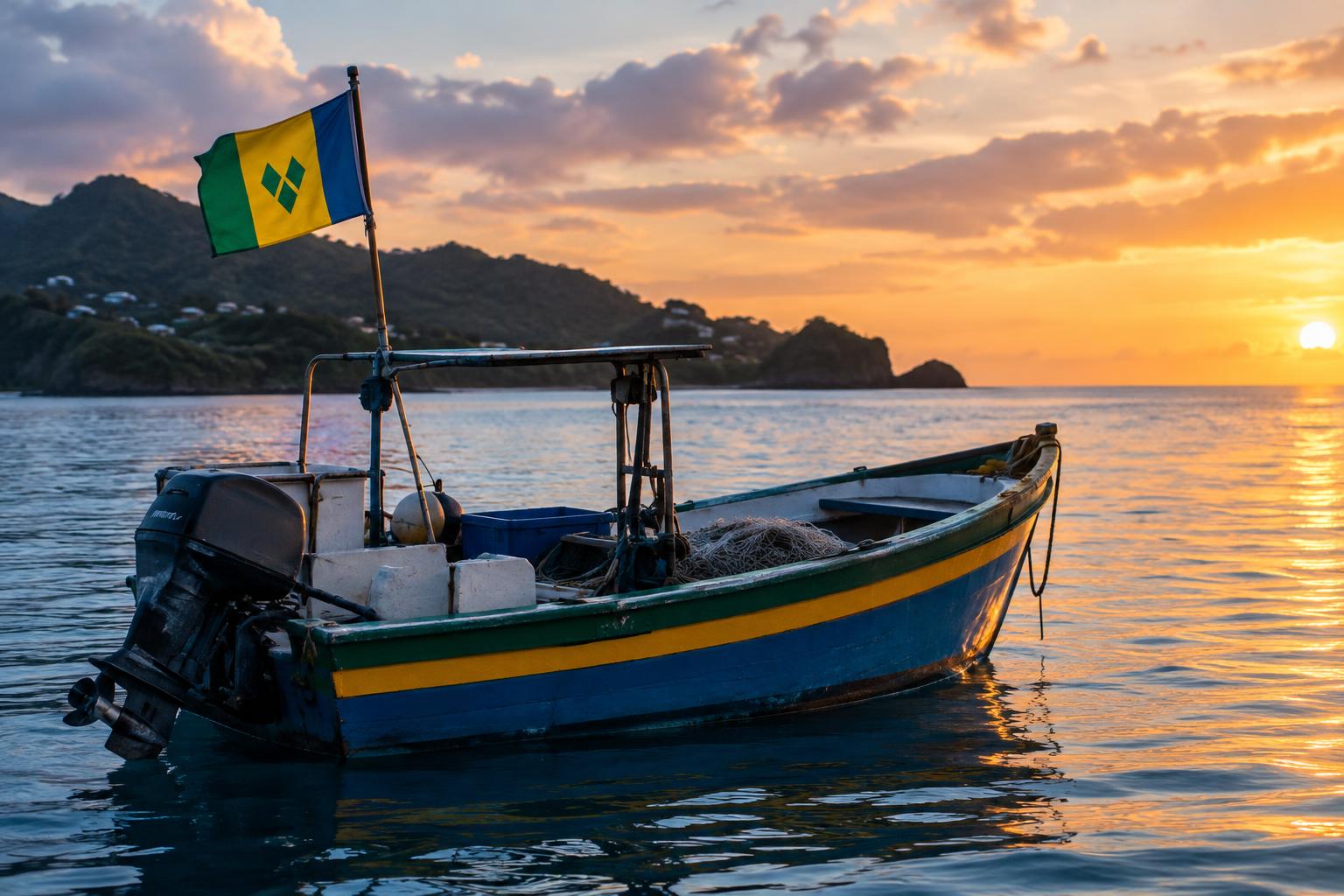 A fishing boat on calm Caribbean waters at dawn or dusk, with the flag of St. Vincent and the Grenadines visible, conveying the ocean setting of the disappearance without depicting victims or remains.