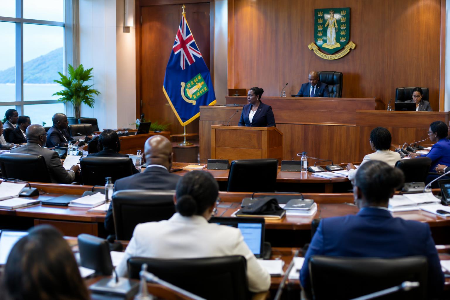 A modern parliament chamber with legislators seated, a speaker's podium visible, the British Virgin Islands flag displayed prominently, documents on desks, professional lighting suggesting an official legislative session in progress.