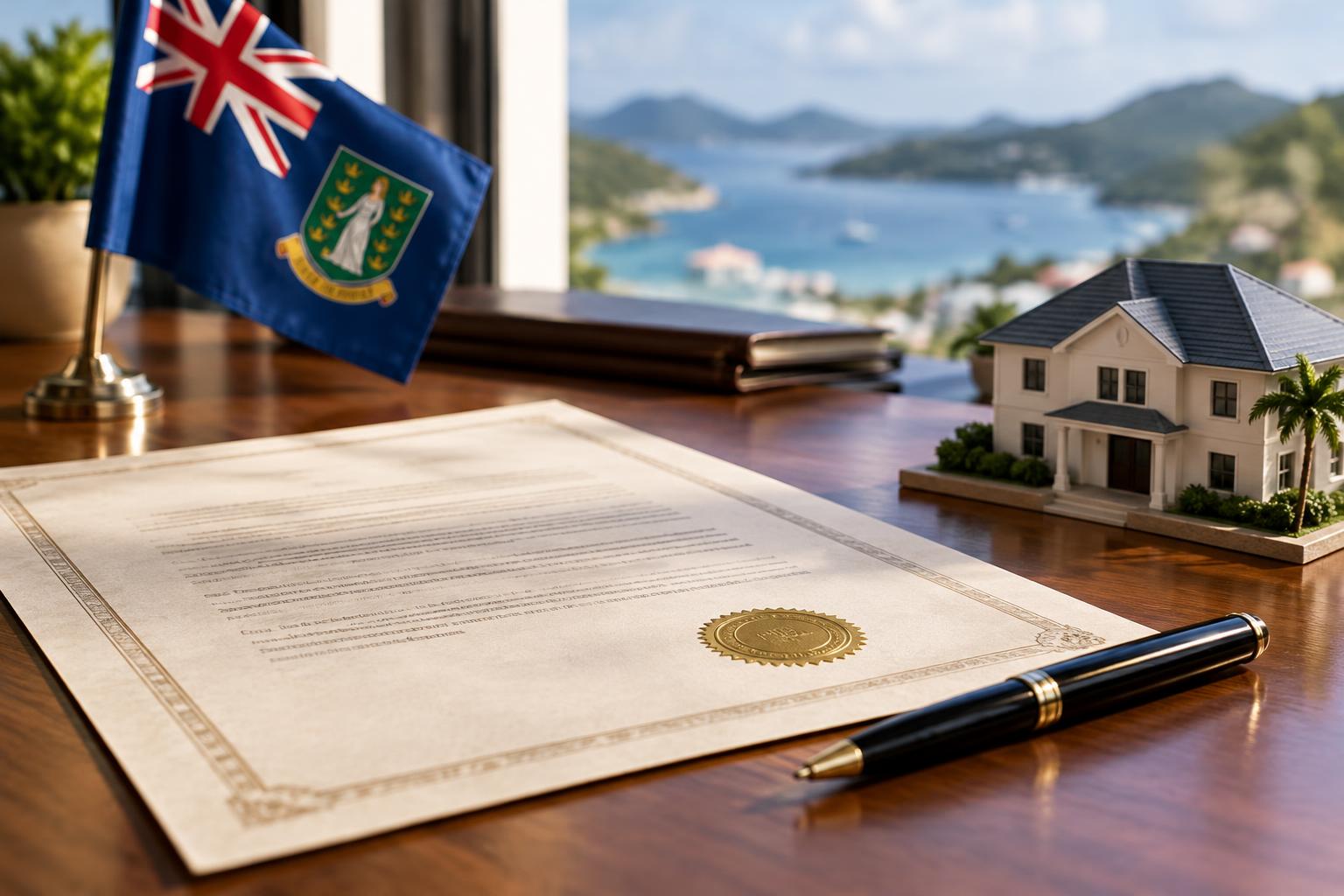 A property deed or land title document on a desk with a pen, a small model house, and the BVI flag in soft natural light, suggesting official approval and real estate transactions