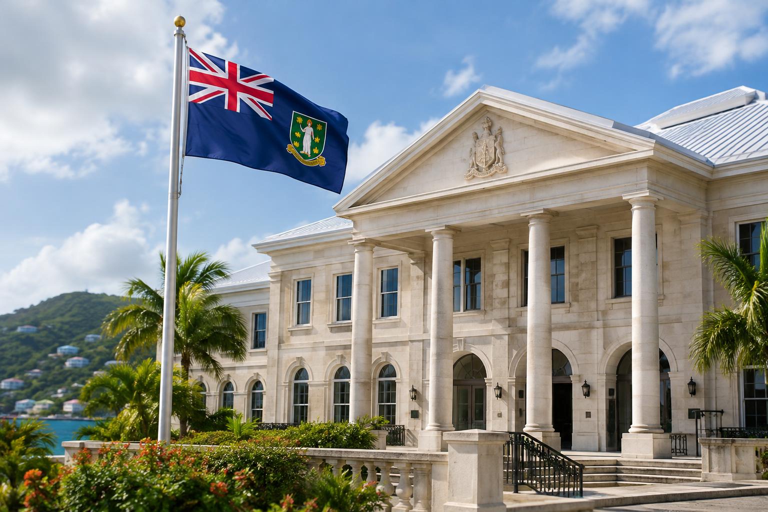 A formal government or administrative building with the BVI flag flying prominently, representing institutional oversight and governance, photographed in daylight with clear architectural detail.