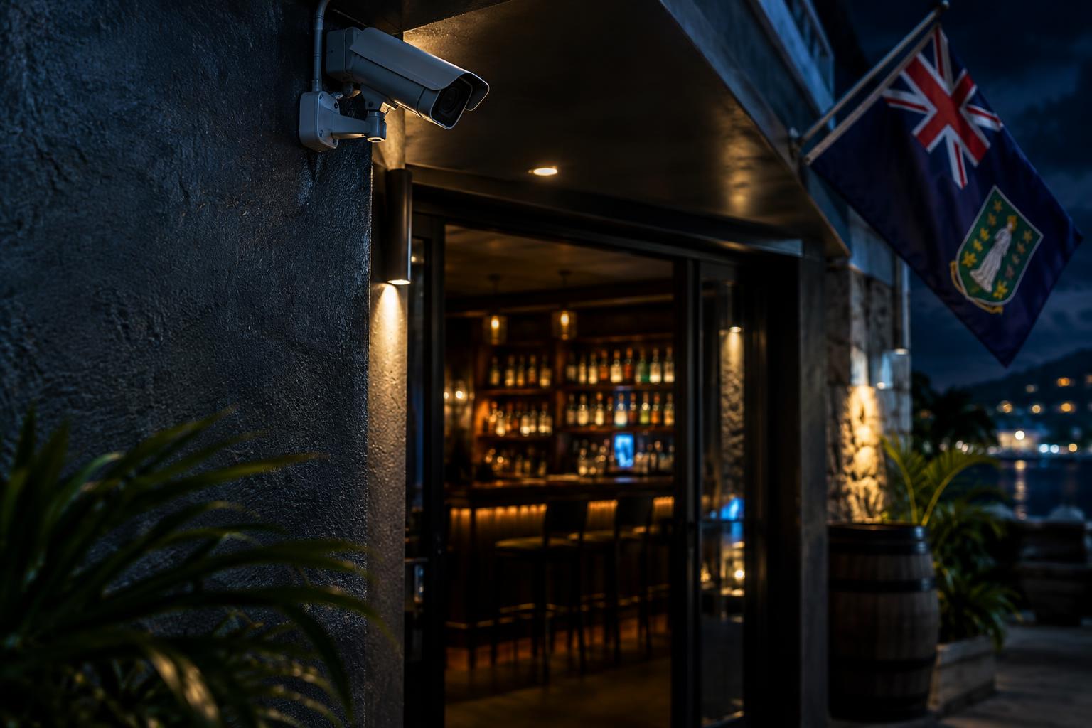 A darkened bar entrance with a security camera mounted above, a wall visible in the foreground, the BVI flag in the corner, cinematic night lighting, no people or faces visible