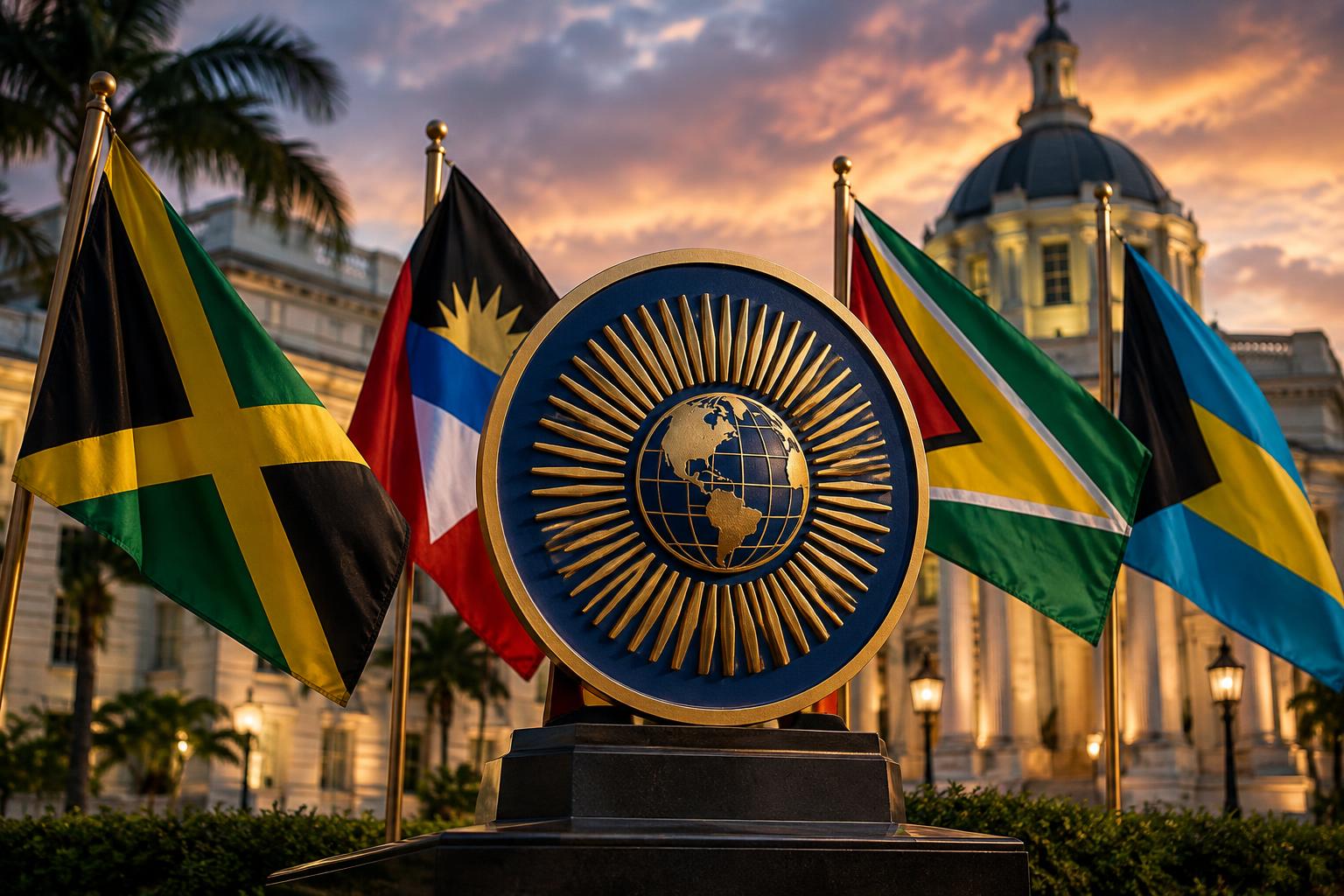 A formal Commonwealth emblem or seal displayed prominently, with the flags of Caribbean nations including Jamaica, Antigua and Barbuda, Guyana and the Bahamas arranged behind it, set against a dignified government building backdrop, cinematic lighting at dusk