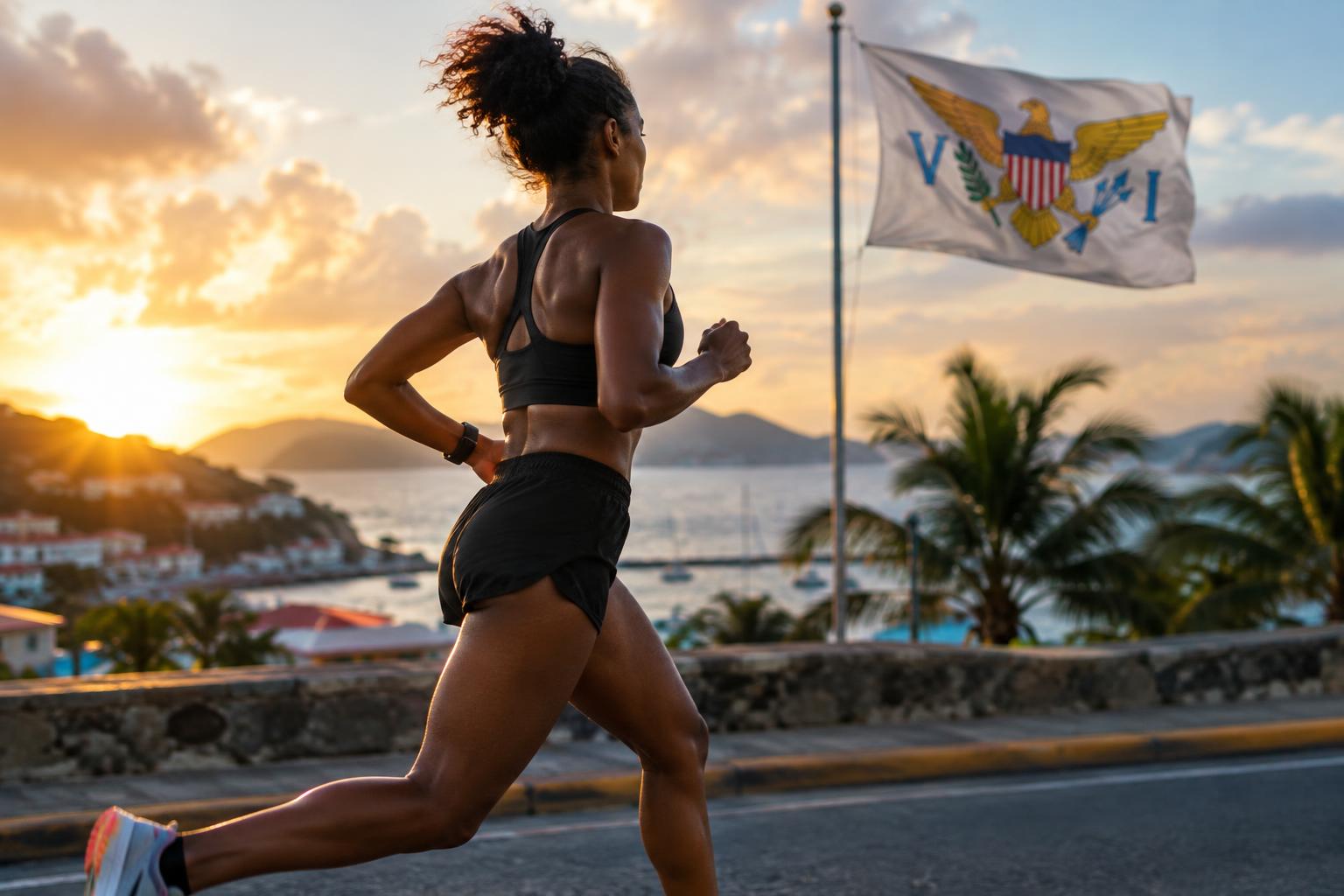 A female runner in athletic gear mid-stride on a city street with the US Virgin Islands flag visible in the background, cinematic lighting at dawn or dusk, no identifiable faces, capturing the determination and movement of distance running.