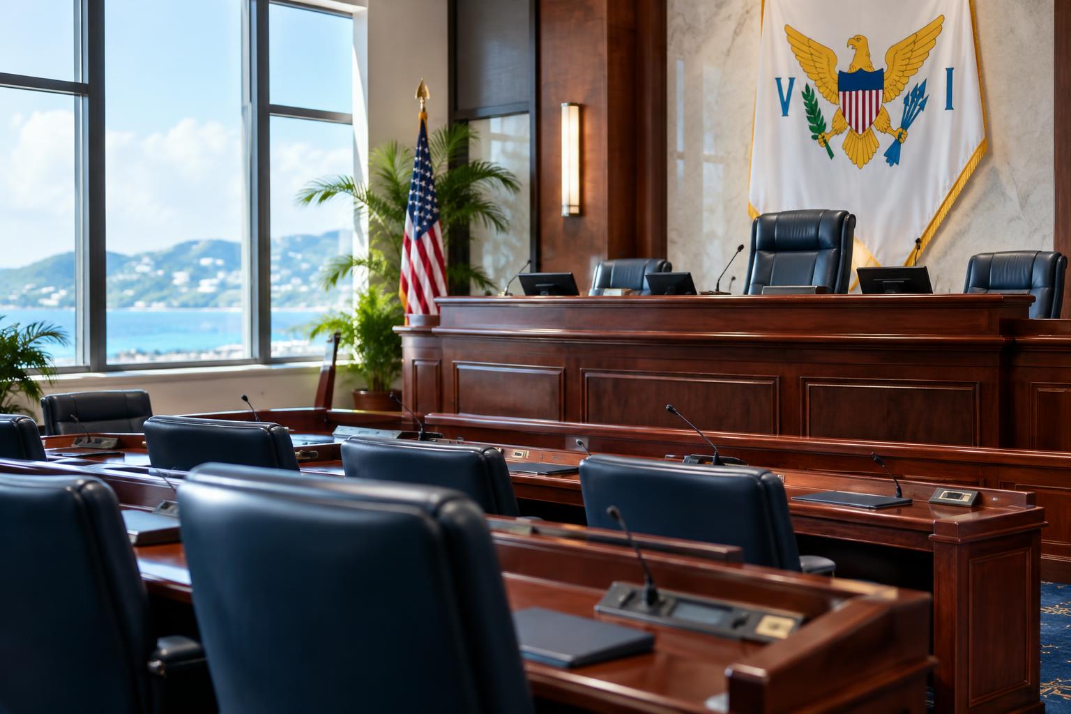 A modern government chamber or senate room with rows of seats and a raised dais, the US Virgin Islands flag visible in the background, natural daylight streaming through windows, professional and formal setting