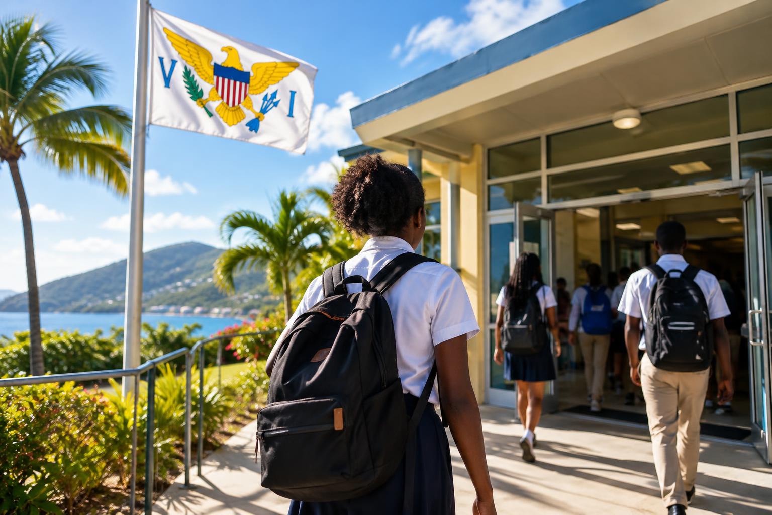 A school building entrance with the US Virgin Islands flag flying, students walking through doors during morning arrival, bright Caribbean sunlight, no identifiable faces