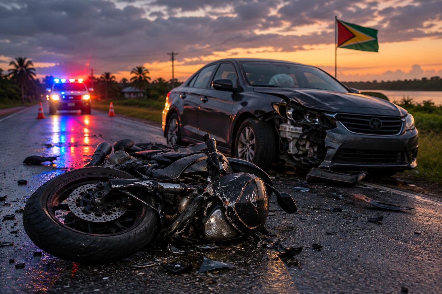 A damaged motorcycle and car on a rural road at dusk, the flag of Guyana visible in the background, emergency lights reflecting off the asphalt. Cinematic, dramatic lighting, no identifiable people or bodies.
