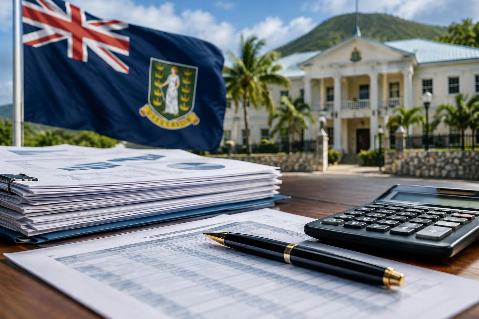 A desk with documents, a calculator, and a pen against a background featuring the BVI flag and a government building, representing financial compliance and social security administration.
