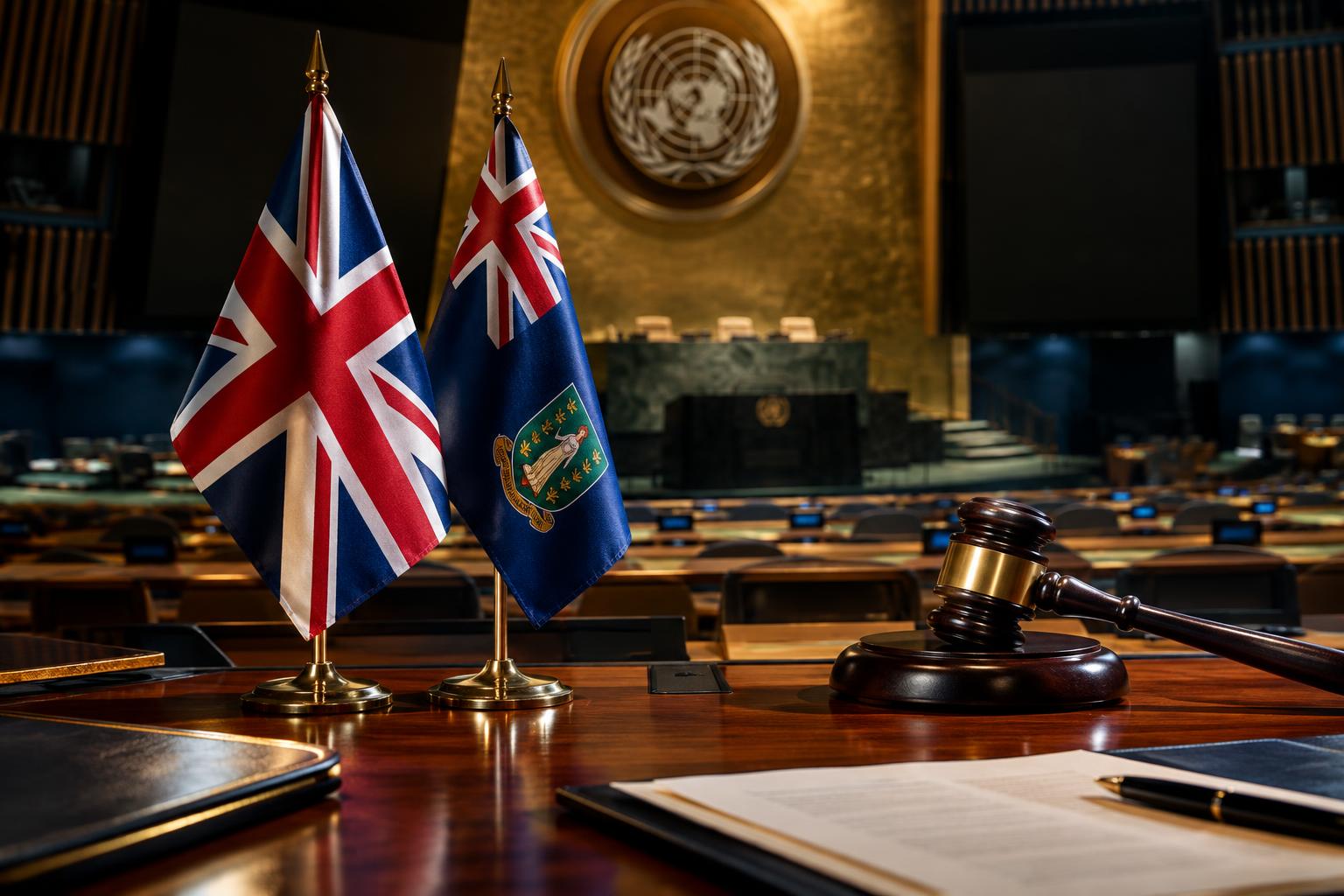 The United Nations General Assembly chamber with the British flag and the BVI flag side by side on a desk, with a gavel and official documents, cinematic lighting highlighting the tension between the two flags, no people visible