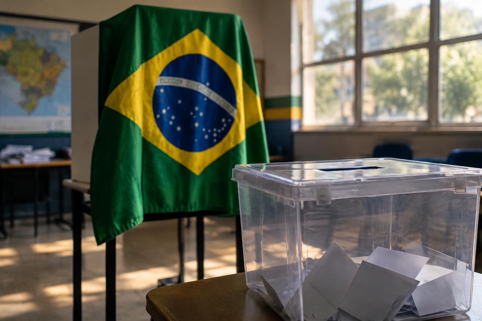A Brazilian flag draped over a voting booth with a ballot box in the foreground, election day atmosphere with soft natural lighting, no identifiable people visible