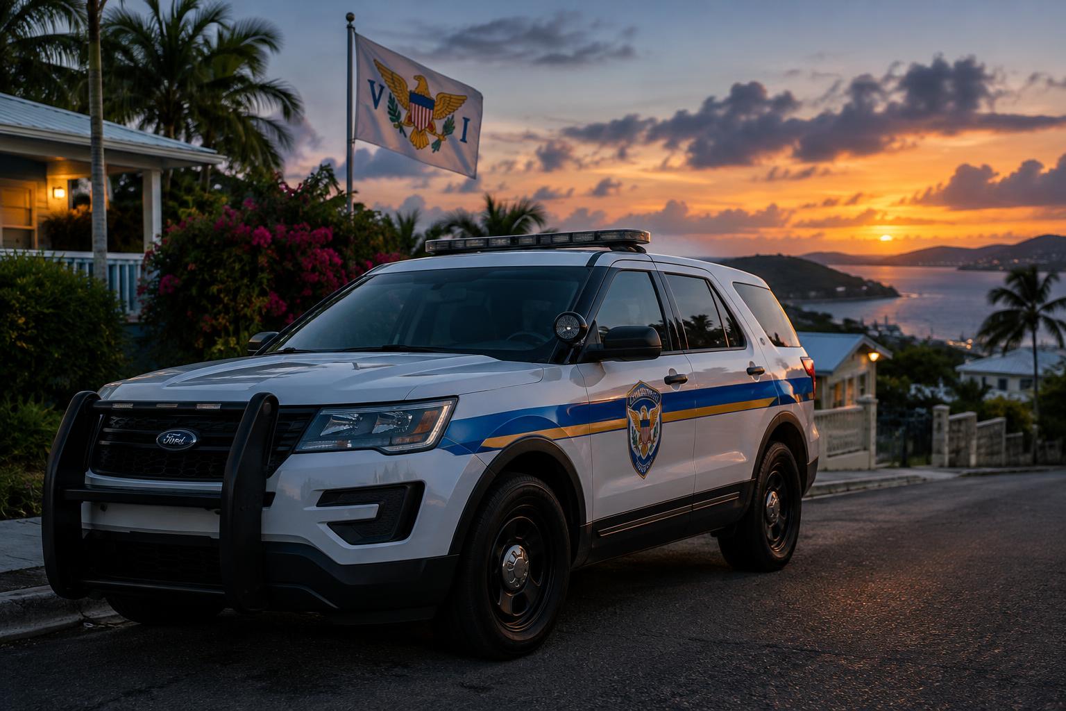 A police car parked on a residential street at dusk with the US Virgin Islands flag visible, emergency lights off, no people or victims visible, cinematic lighting