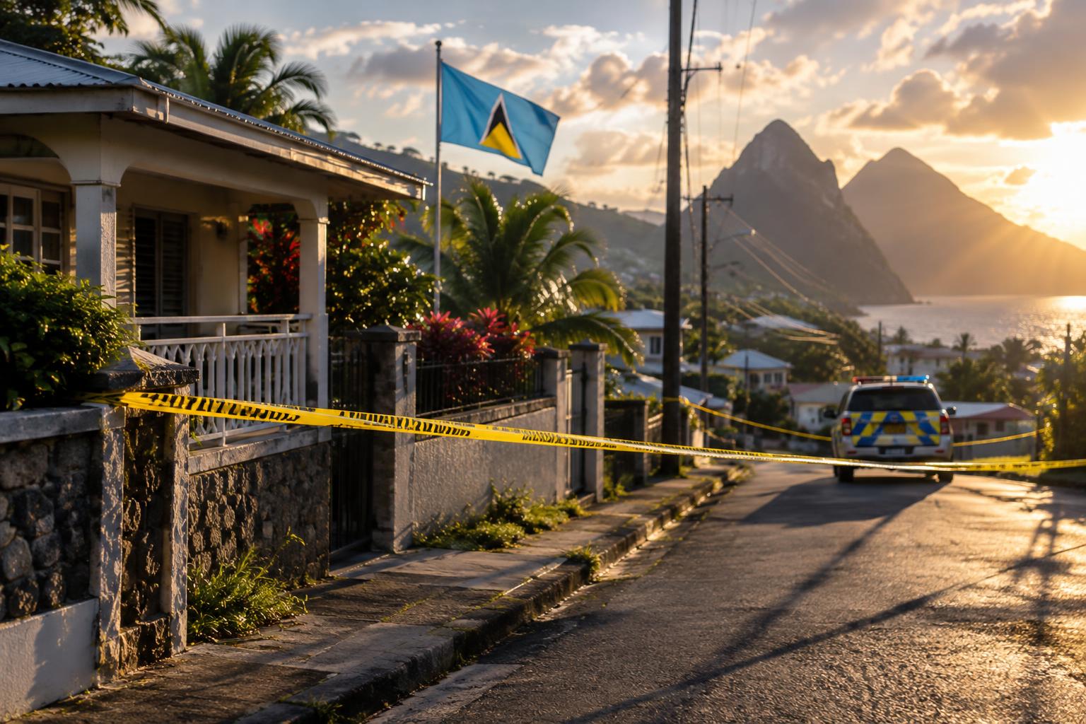 A quiet Caribbean street scene at dawn with the Saint Lucia flag in the background, yellow police tape cordoning off a residential area, no people visible, dramatic morning light casting long shadows