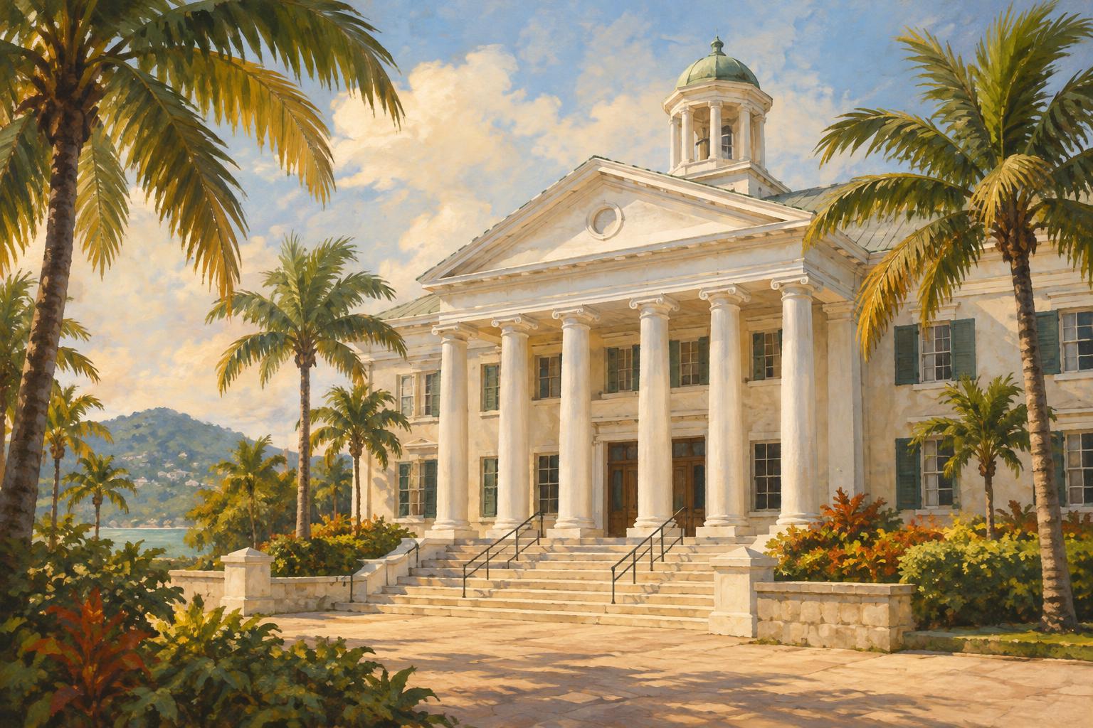 Illustration: a Caribbean courthouse facade with white columns and palm trees
