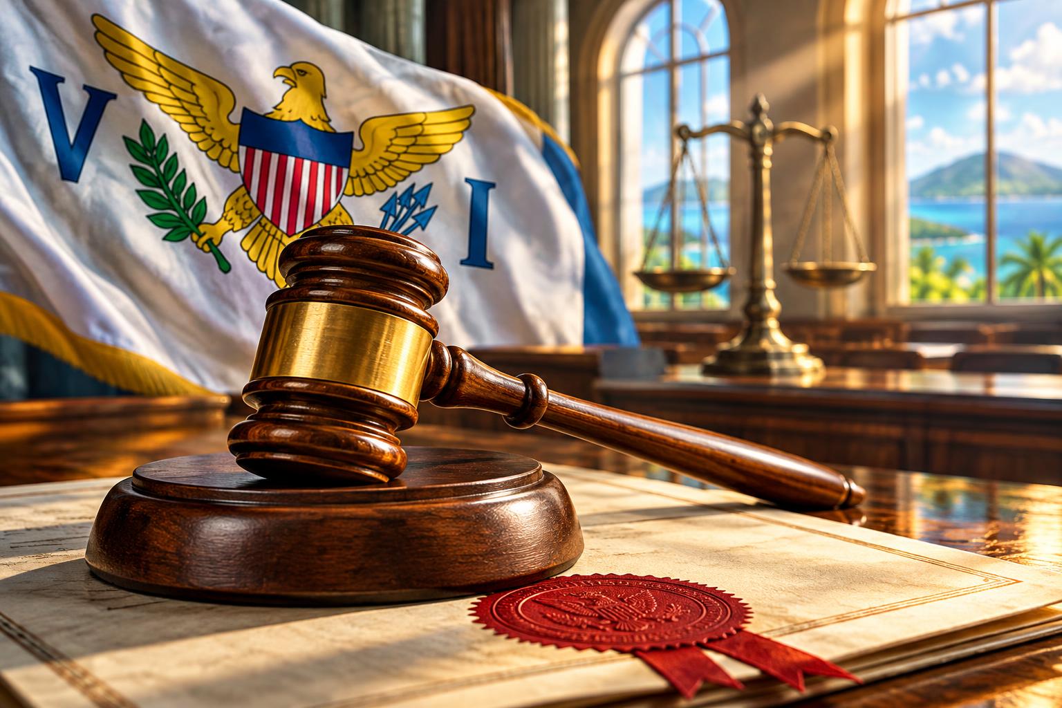 Closed wooden gavel resting on official court documents with a red seal, US Virgin Islands flag draped in background, morning light streaming through courthouse windows, scales of justice blurred behind