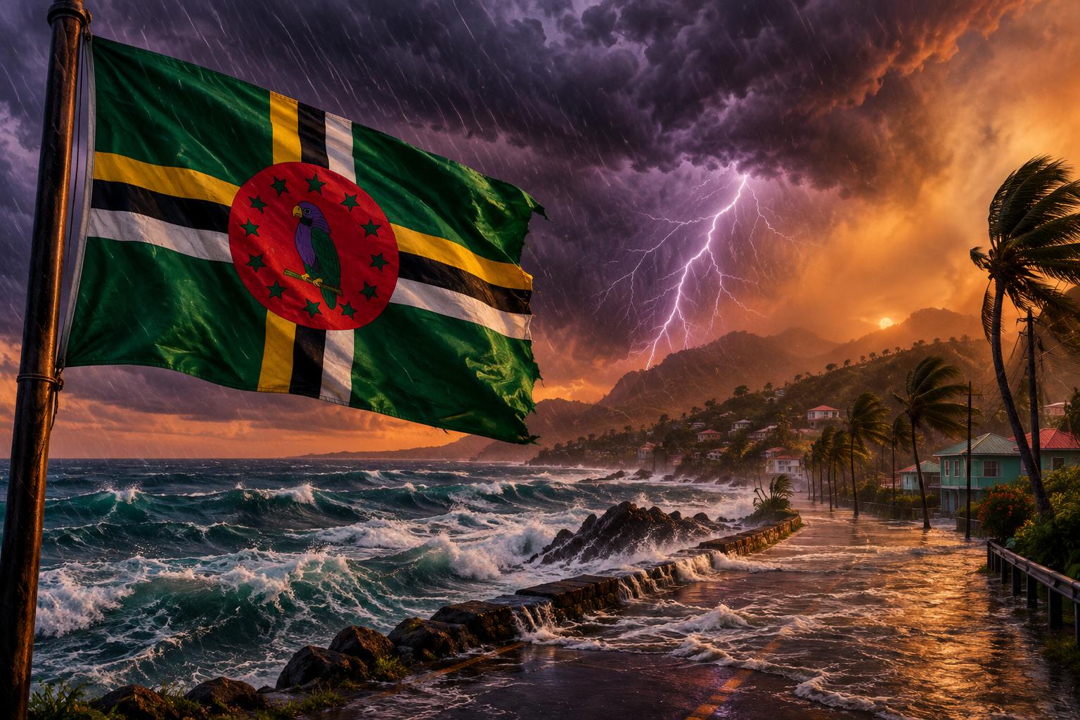 Dark, roiling storm clouds gathering over turbulent ocean waters, heavy rain streaking diagonally across the scene, the Dominica flag prominently displayed, dramatic lightning illuminating the sky, flood waters rising on a coastal road below, Saharan dust haze visible in the atmosphere, dusk lightin