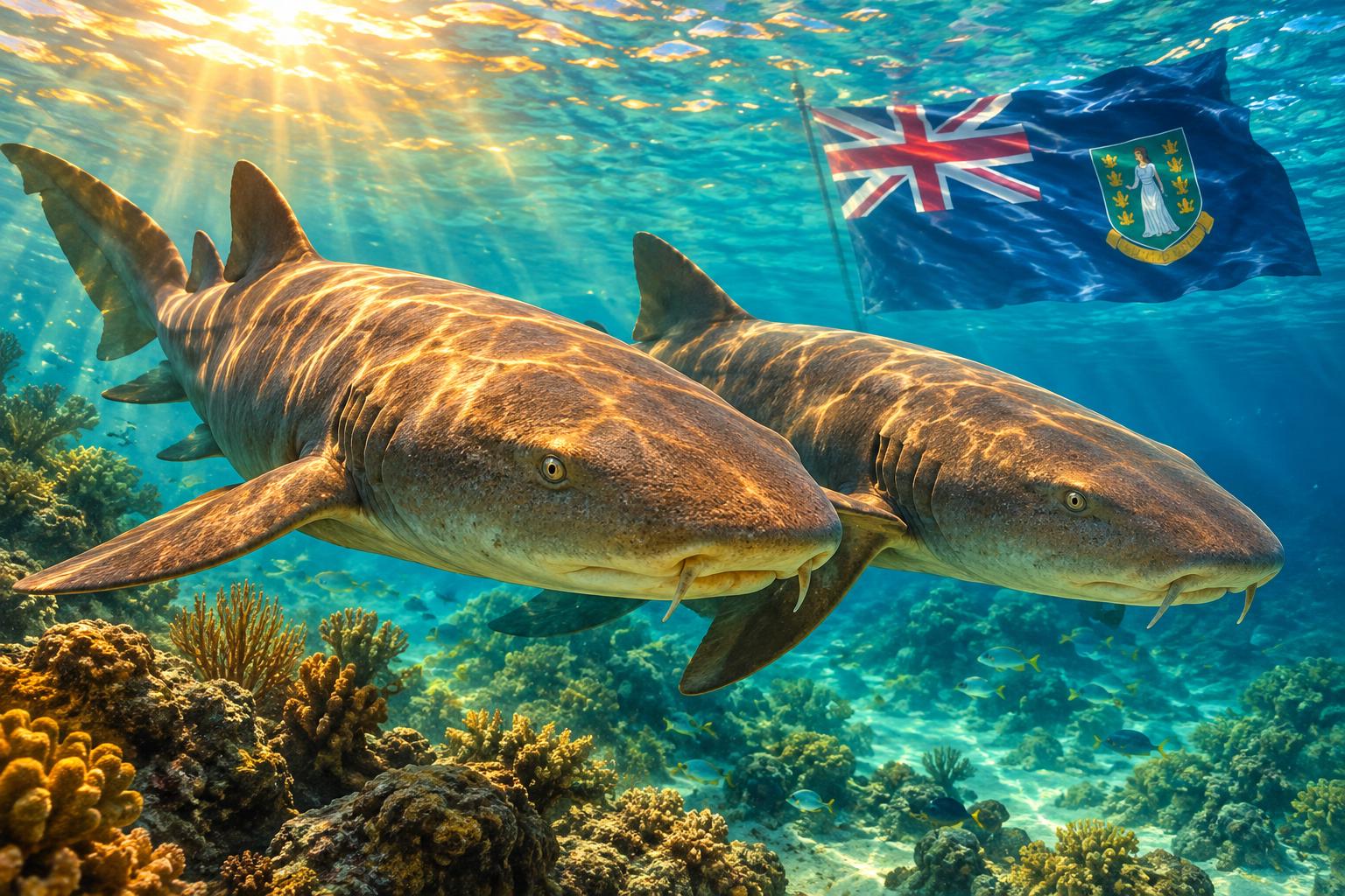 Two nurse sharks swimming close together in turquoise shallow waters, coral reef visible below, British Virgin Islands flag rippling in background, golden hour sunlight filtering through water, marine biology aesthetic